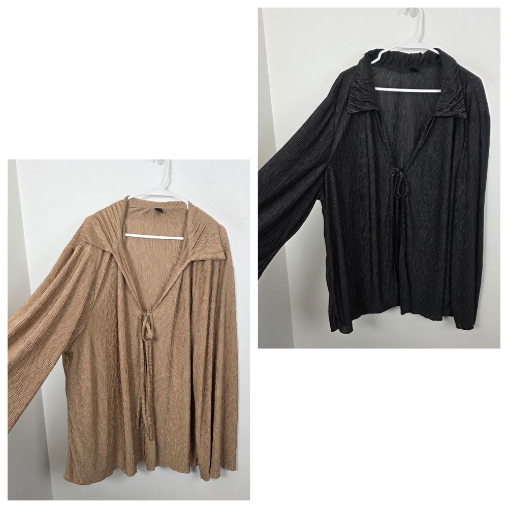 Bundle Of 2‎ Black & Tan Tie Front Dainty Crinkle Blouse Cardigan Size 4XL